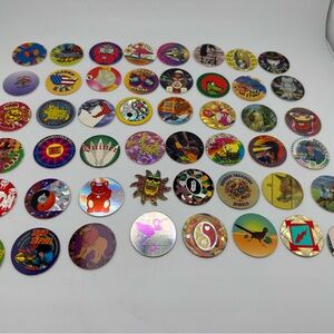 Vintage lot of 48 Milk Caps Game Cardboard Discs Mixed Brands POGs, Stack n Slam